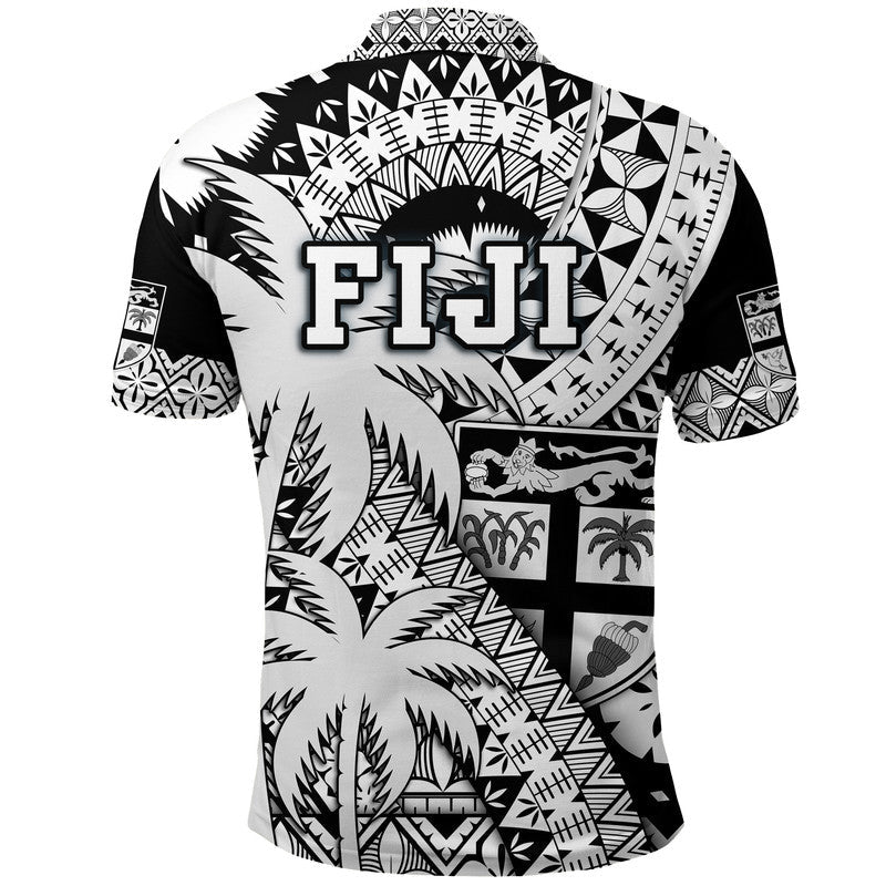 Fiji Coat Of Arms Polo Shirt Masi Tapa Mixed Palm Tree No1 Black Version