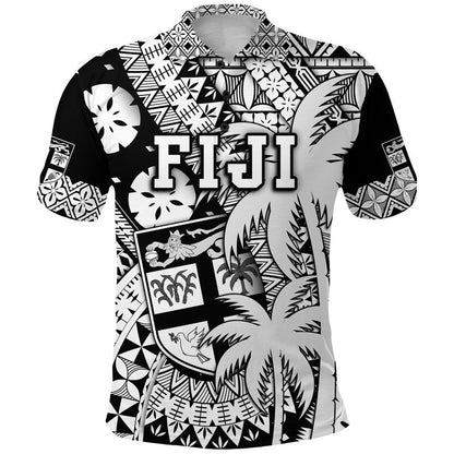 Fiji Coat Of Arms Polo Shirt Masi Tapa Mixed Palm Tree No1 Black Version