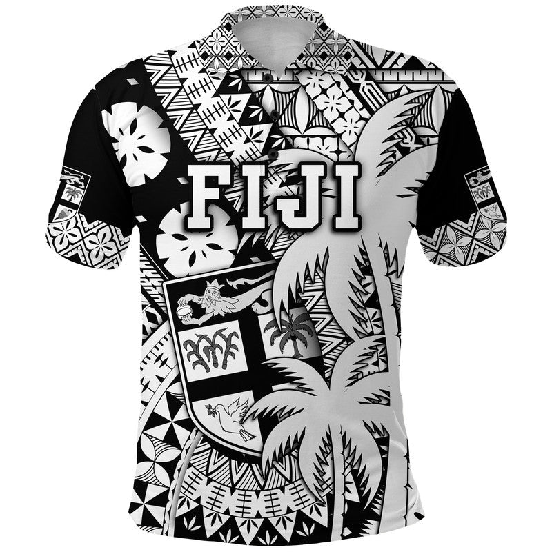 Custom Personalised Fiji Coat Of Arms Polo Shirt Masi Tapa Mixed Palm Tree No1 Black Version