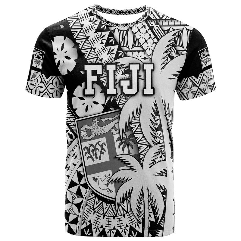 Fiji Coat Of Arms T Shirt Masi Tapa Mixed Palm Tree No1 Black Version