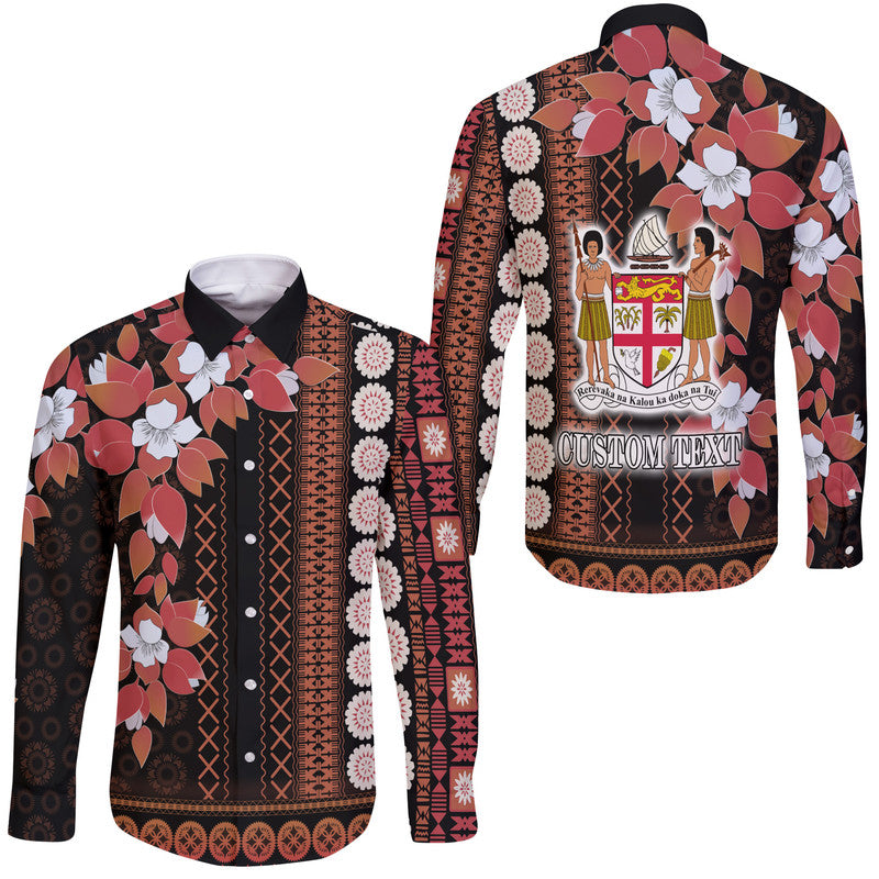 (Custom Personalised) Fiji Hawaii Long Sleeve Button Shirt Tagimoucia Mixed Black Tapa Style