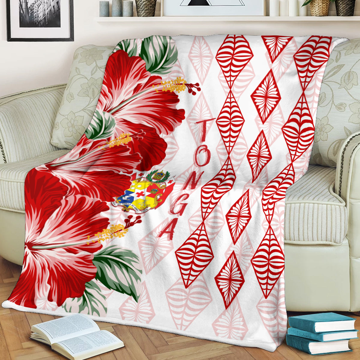 Tonga Premium Blanket Diamond Style Mix Hibiscus White
