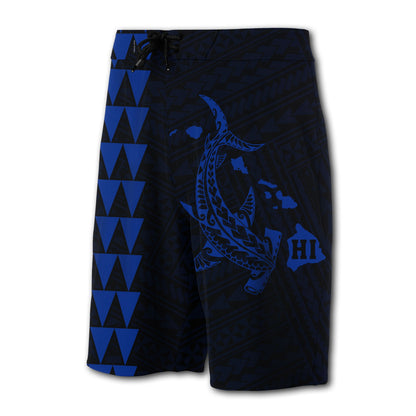 Hawaii Kakau Polynesian Hammerhead Shark Map Board Shorts - Blue