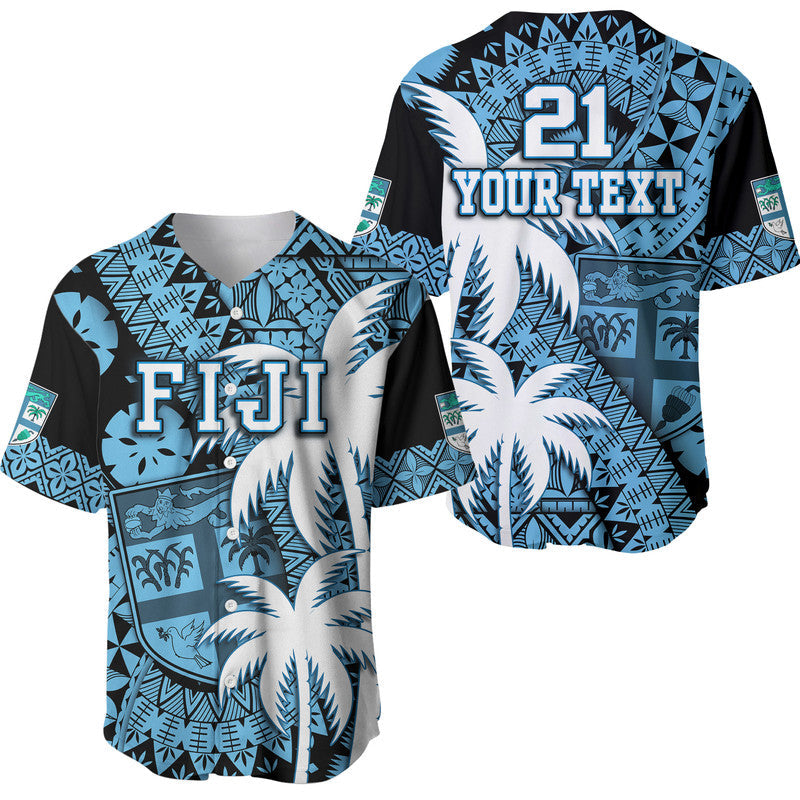 (Custom Personalised) Fiji Coat Of Arms Baseball Jersey Masi Tapa Mixed Palm Tree No1 Blue Version