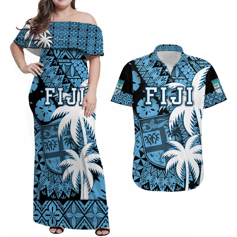 Matching Outfits For Couples Fiji Coat Of Arms Combo Dress and Hawaiian Shirt Masi Tapa Mixed Palm Tree No1 Blue Version