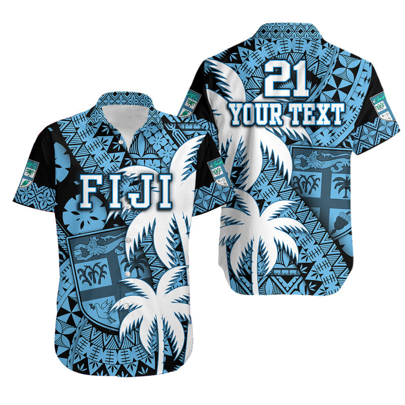 Custom Personalised Fiji Coat Of Arms Hawaiian Shirt Masi Tapa Mixed Palm Tree No1 Blue Version