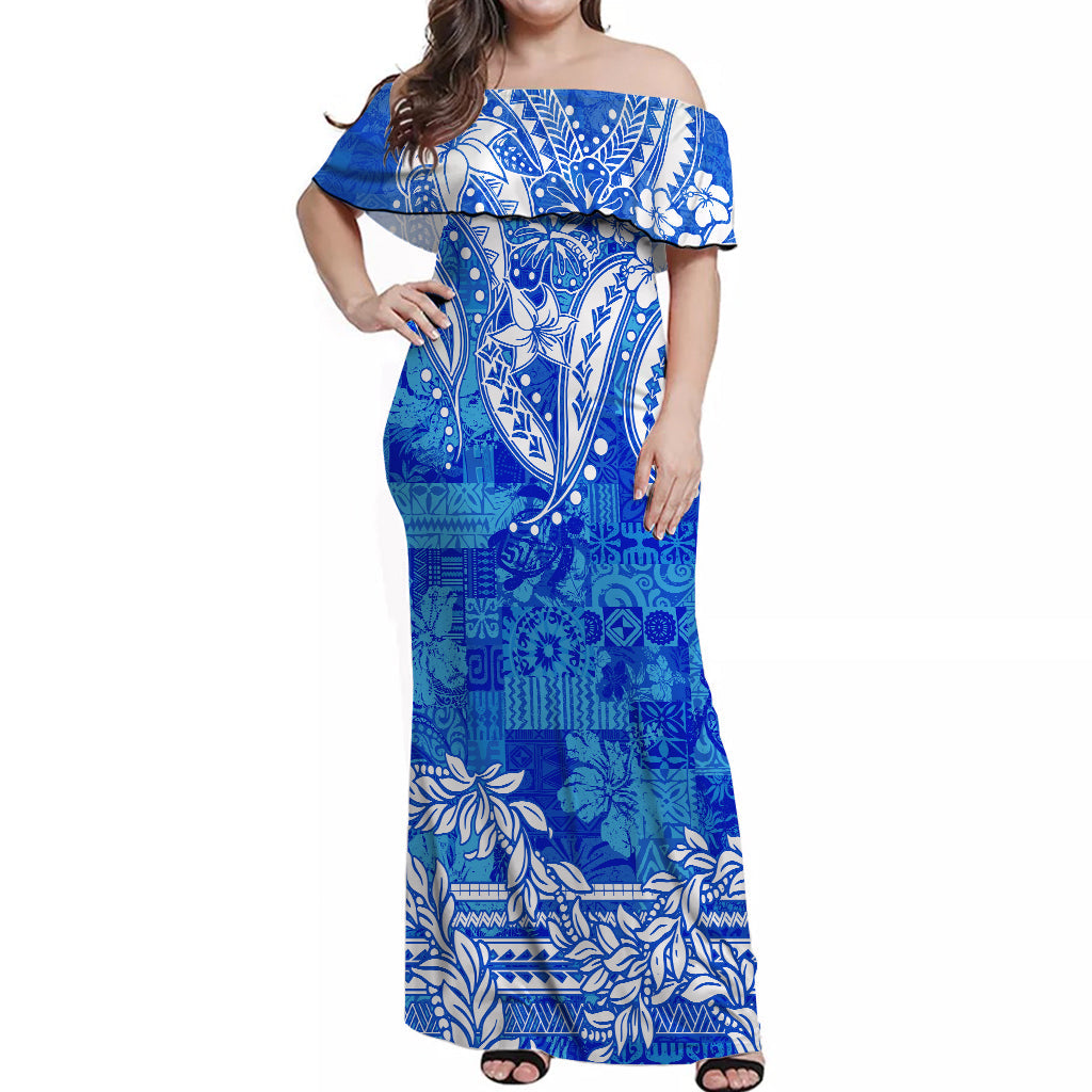 Polynesian Off Shoulder Long Dress Tapa Plumeria Style Blue