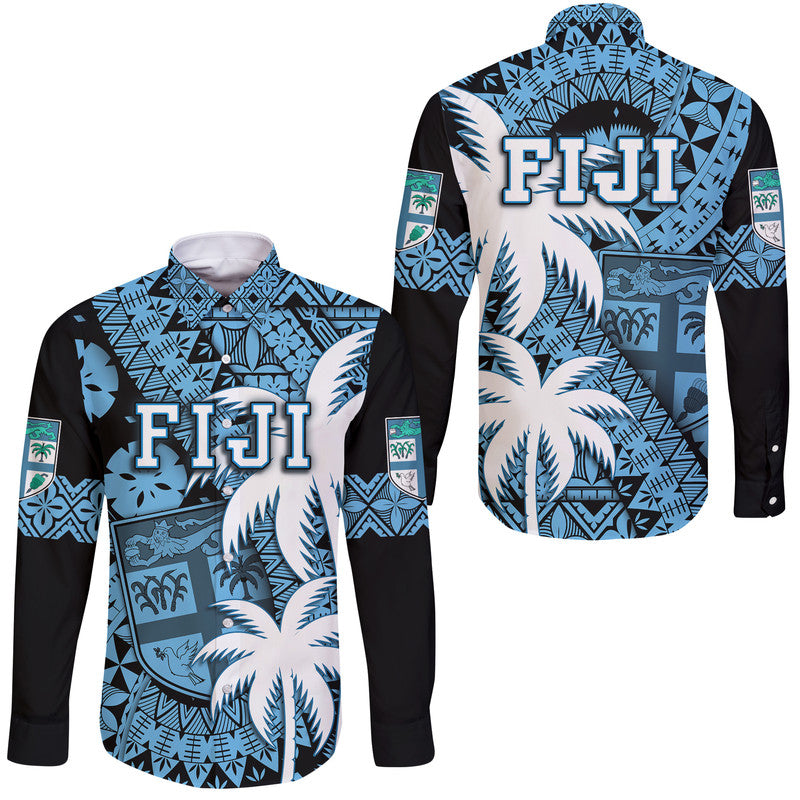 Fiji Coat Of Arms Hawaii Long Sleeve Button Shirt Masi Tapa Mixed Palm Tree No1 Blue Version