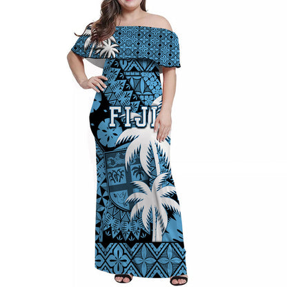 Matching Outfits For Couples Fiji Coat Of Arms Combo Dress and Hawaiian Shirt Masi Tapa Mixed Palm Tree No1 Blue Version