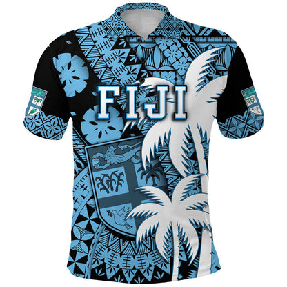 Custom Personalised Fiji Coat Of Arms Polo Shirt Masi Tapa Mixed Palm Tree No1 Blue Version