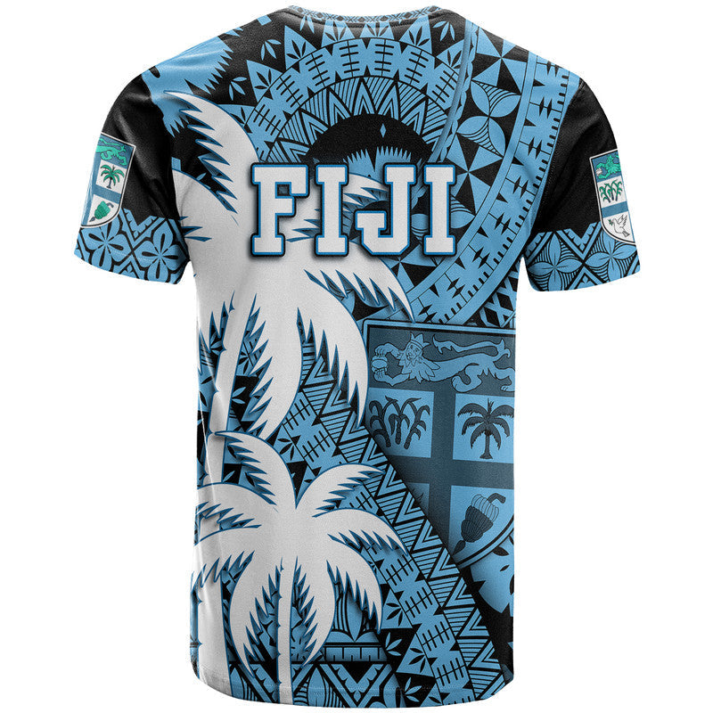 Fiji Coat Of Arms T Shirt Masi Tapa Mixed Palm Tree No1 Blue Version