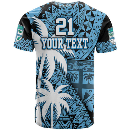 (Custom Personalised) Fiji Coat Of Arms T Shirt Masi Tapa Mixed Palm Tree No1 Blue Version