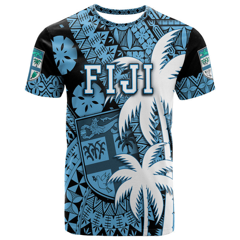 (Custom Personalised) Fiji Coat Of Arms T Shirt Masi Tapa Mixed Palm Tree No1 Blue Version