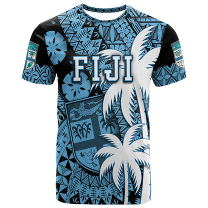 (Custom Personalised) Fiji Coat Of Arms T Shirt Masi Tapa Mixed Palm Tree No1 Blue Version