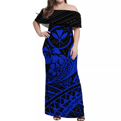 Hawaii Humpback Whale With Hibiscus Tribal Off Shoulder Dress Blue