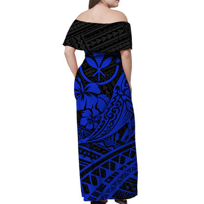 Hawaii Humpback Whale With Hibiscus Tribal Off Shoulder Dress Blue