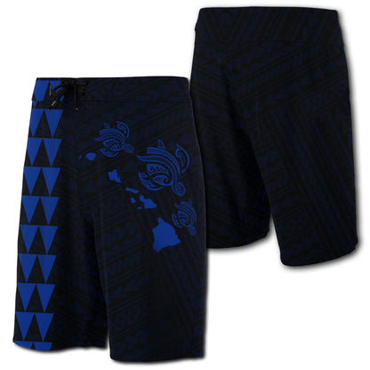Hawaii Kakau Polynesian Three Turtles Map Board Shorts - Blue
