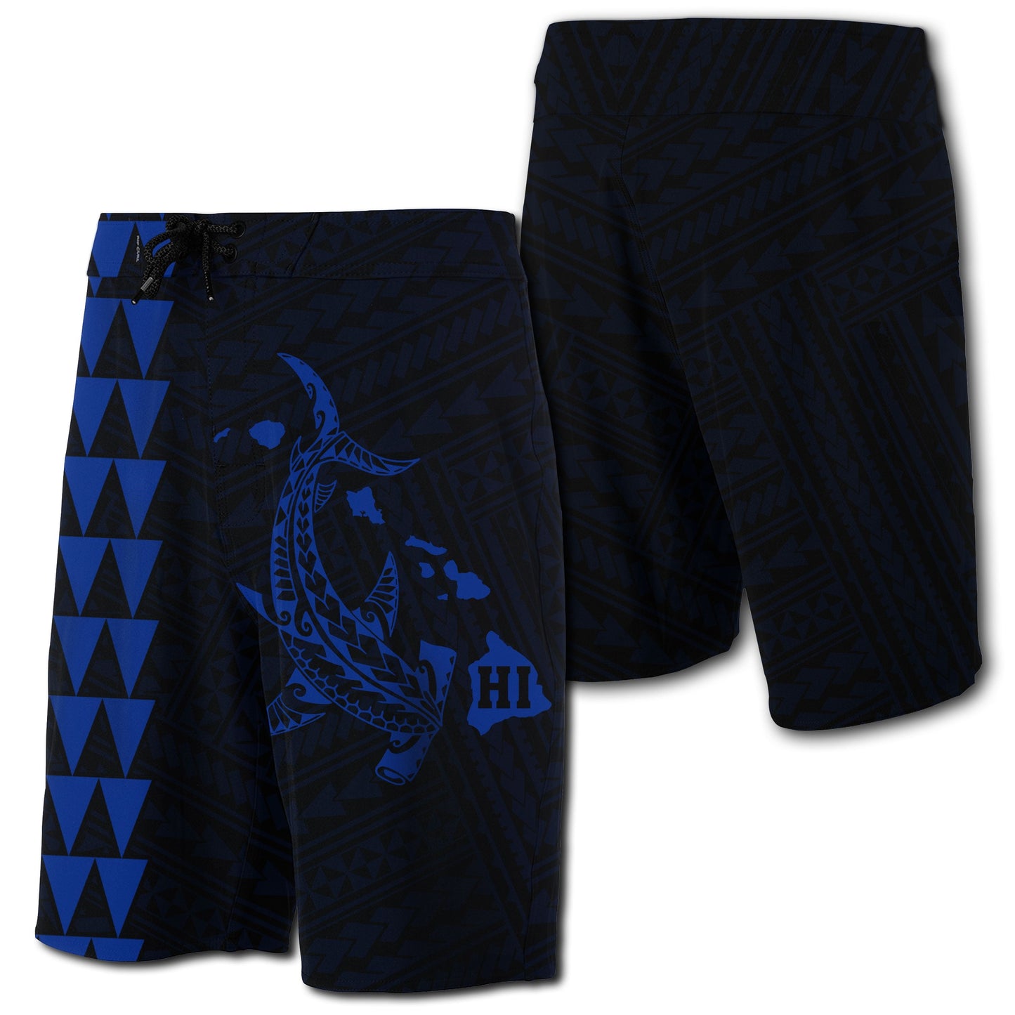 Hawaii Kakau Polynesian Hammerhead Shark Map Board Shorts - Blue
