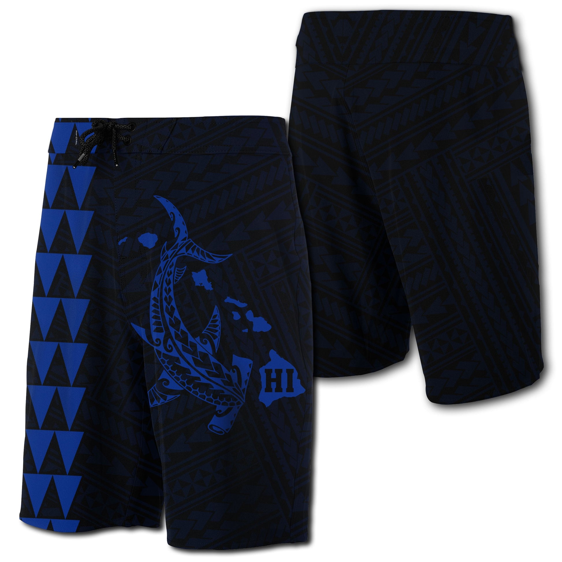 Hawaii Kakau Polynesian Hammerhead Shark Map Board Shorts - Blue