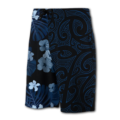 Hawaii Hibiscus Flowers Polynesian Board Shorts - Indigo - Haka Style