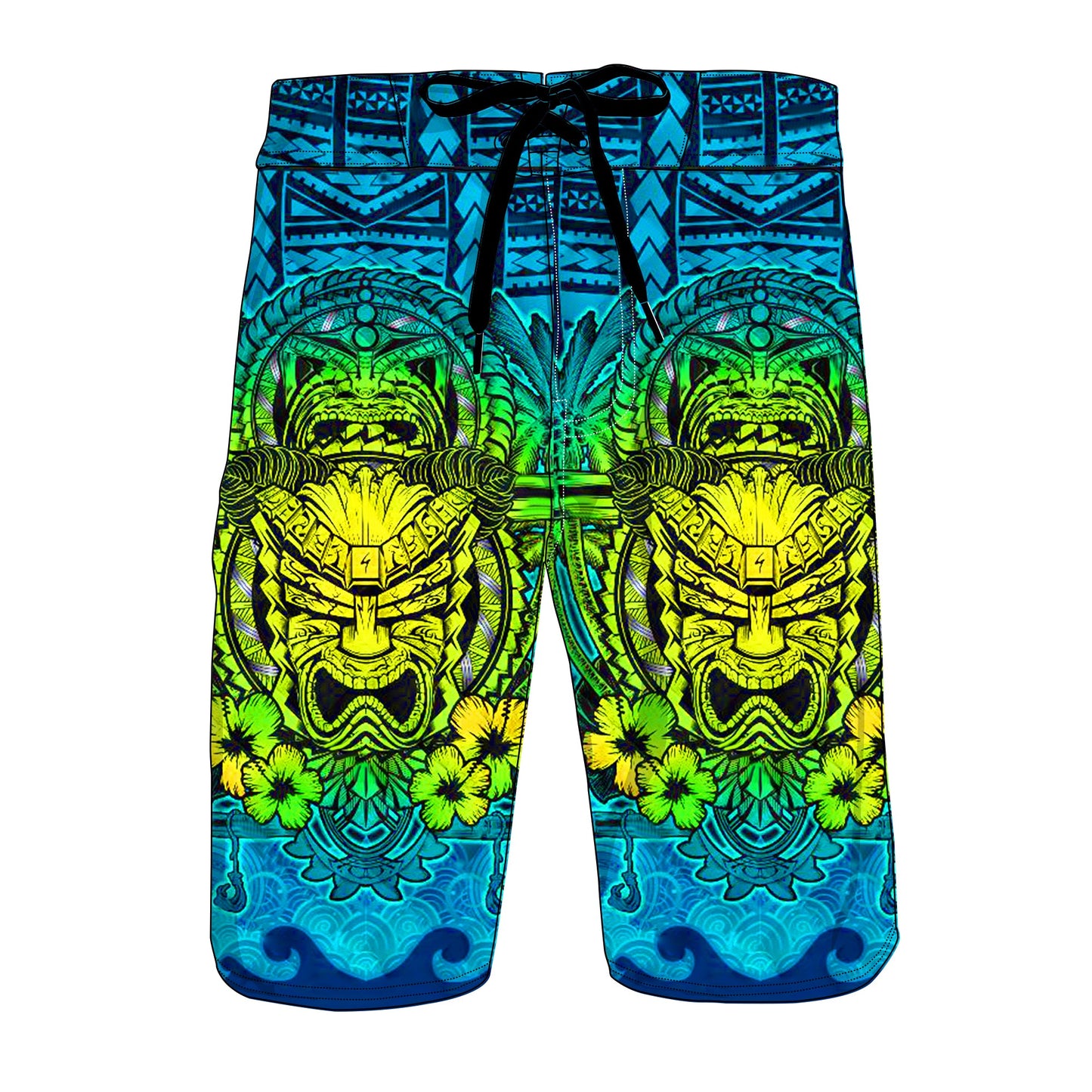Hawaiian Green Yellow Tiki Face Board Shorts RLT9