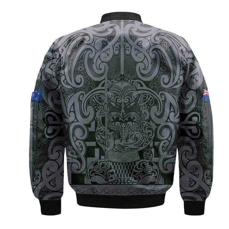 New Zealand Taiaha Maori Bomber Jacket Minimalist Silver Fern All Black