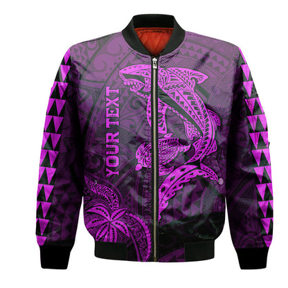(Custom Personalised) Hawaii Bomber Jacket Shark and Turtle Mix Kakau Purple