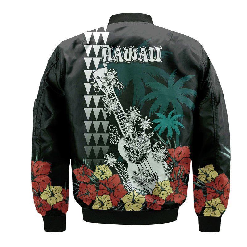 Hawaii Ukulele Mix Hibiscus and Coconut Tree Bomber Jacket Aloha Vintage Black Version