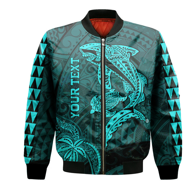 (Custom Personalised) Hawaii Bomber Jacket Shark and Turtle Mix Kakau Turquoise
