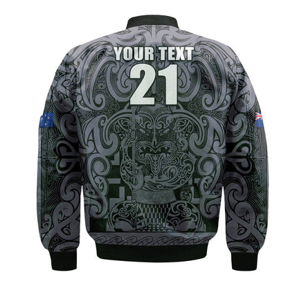 (Custom Text And Number) New Zealand Taiaha Maori Bomber Jacket Minimalist Silver Fern All Black