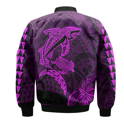 (Custom Personalised) Hawaii Bomber Jacket Shark and Turtle Mix Kakau Purple