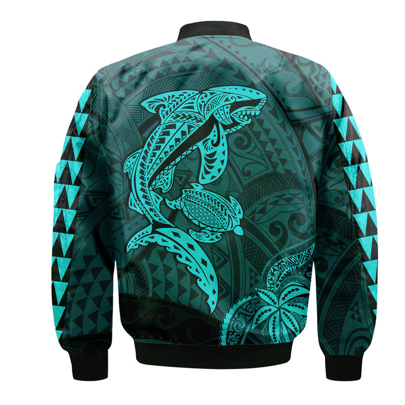 (Custom Personalised) Hawaii Bomber Jacket Shark and Turtle Mix Kakau Turquoise