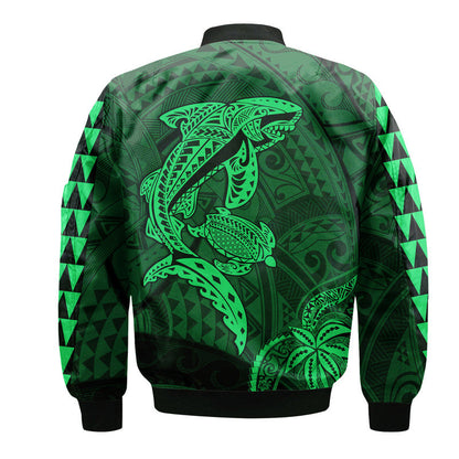 (Custom Personalised) Hawaii Bomber Jacket Shark and Turtle Mix Kakau Green
