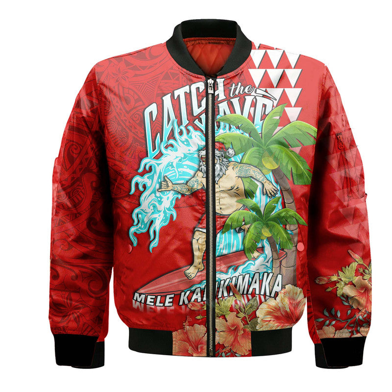 (Custom Personalised) Hawaii Mele Kalikimaka Bomber Jacket Santa Claus Surfing Xmas Time