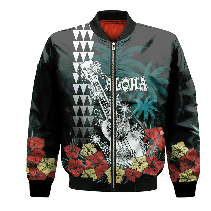 (Custom Personalised) Hawaii Ukulele Mix Hibiscus and Coconut Tree Bomber Jacket Aloha Vintage Black Version