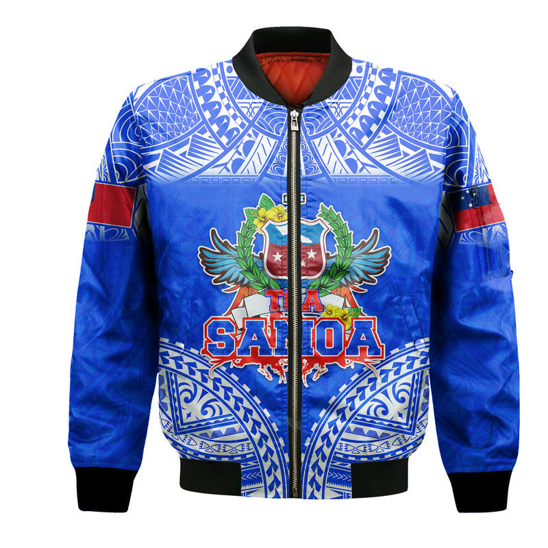 (Custom Personalised) Toa Samoa Polynesian Rugby Bomber Jacket Samoan Flag Blue Color