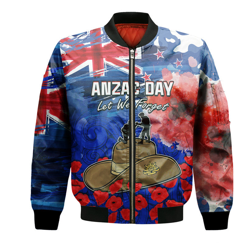 New Zealand ANZAC Day Bomber Jacket Grunge Aotearoa Flag and Red Poppy