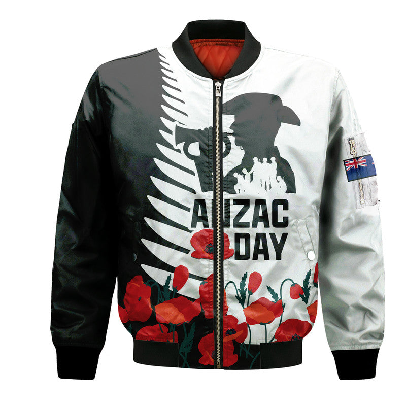 New Zealand ANZAC Day Bomber Jacket Military Silver Ferns and Red Poppy