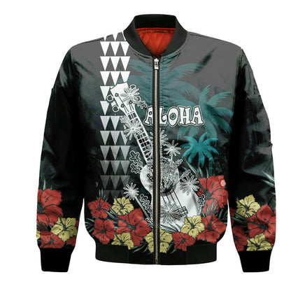 Hawaii Ukulele Mix Hibiscus and Coconut Tree Bomber Jacket Aloha Vintage Black Version
