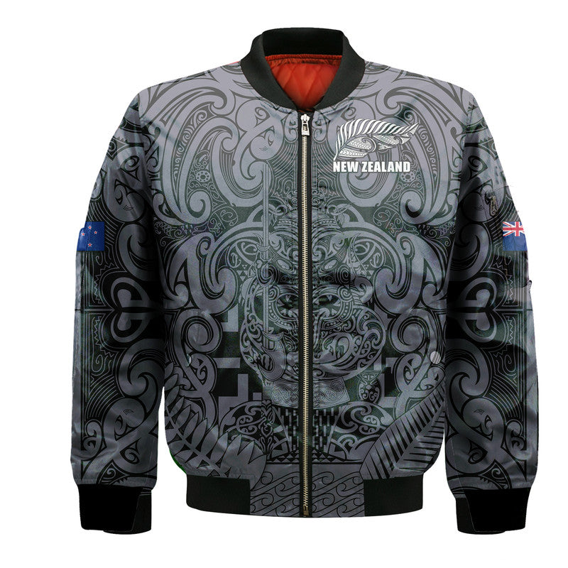 New Zealand Taiaha Maori Bomber Jacket Minimalist Silver Fern All Black