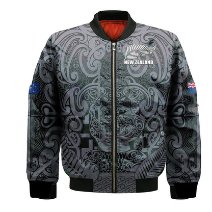 (Custom Text And Number) New Zealand Taiaha Maori Bomber Jacket Minimalist Silver Fern All Black