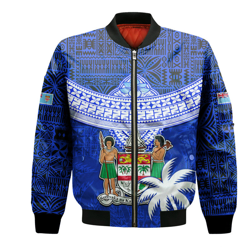Fiji Coat Of Arms Bomber Jacket Polynesian Tapa Palm Tree