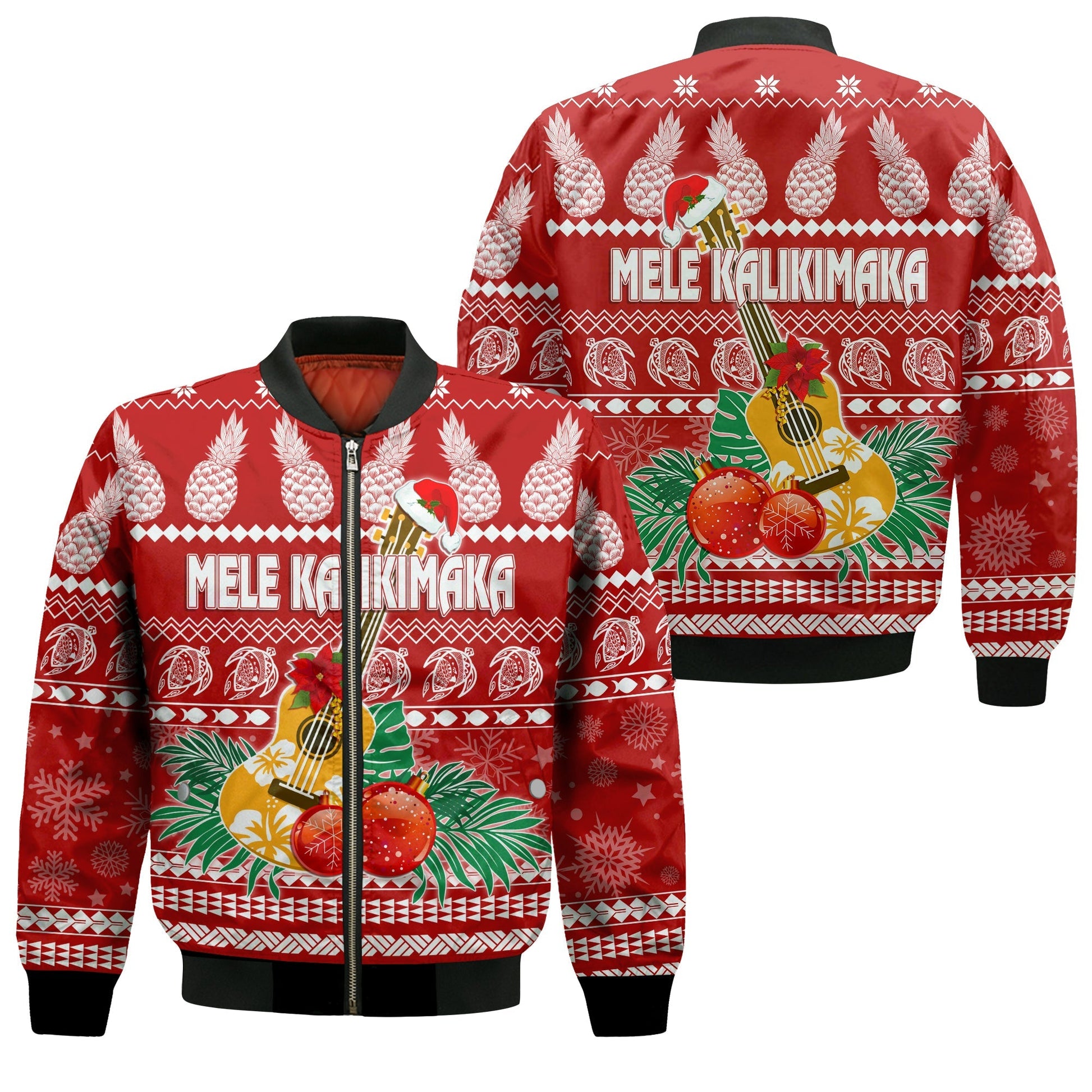 Hawaii Christmas Bomber Jacket Mele Kalikimaka Ukulele