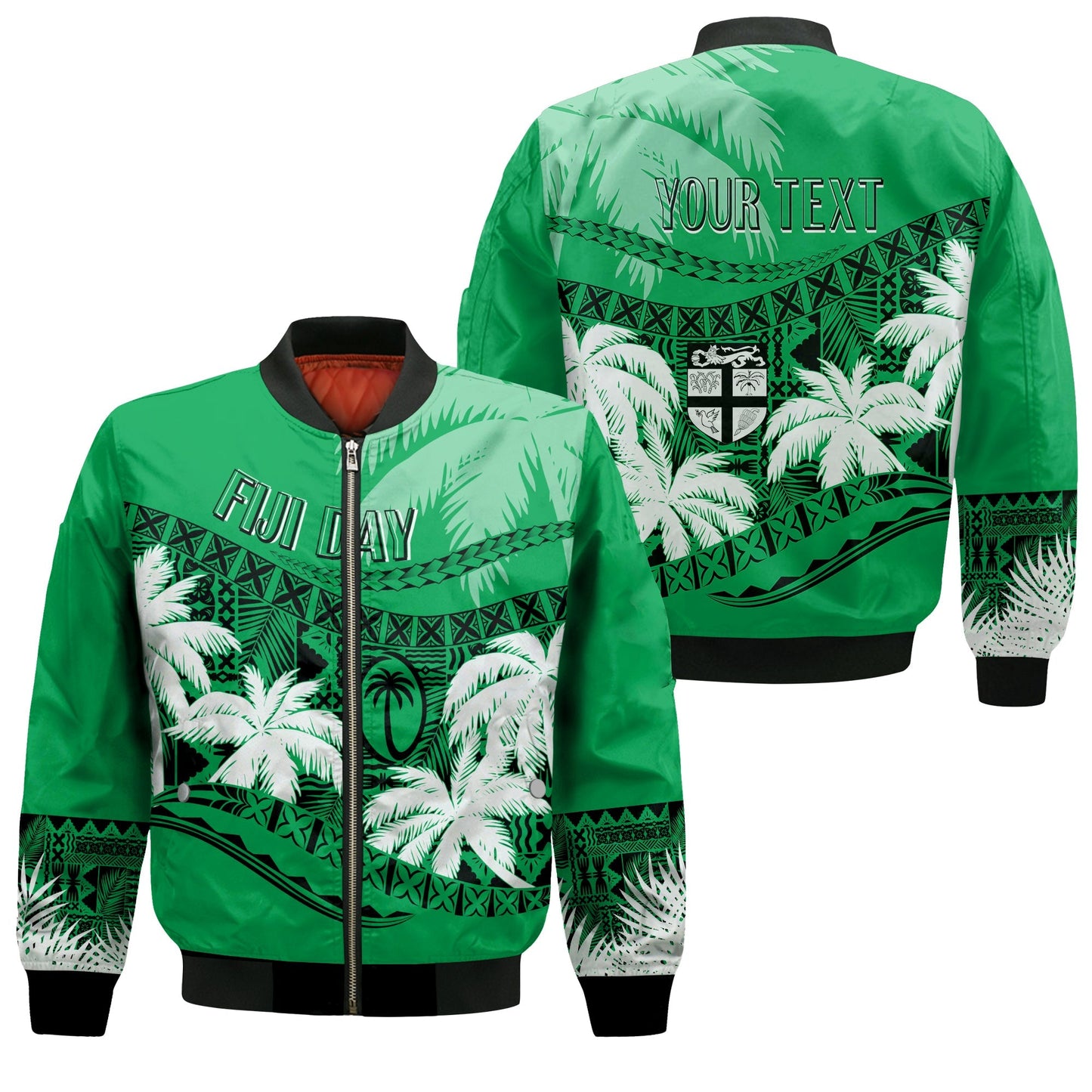 Personalised Fiji Day Bomber Jacket Flying Fijians Masi Kesa Style Green
