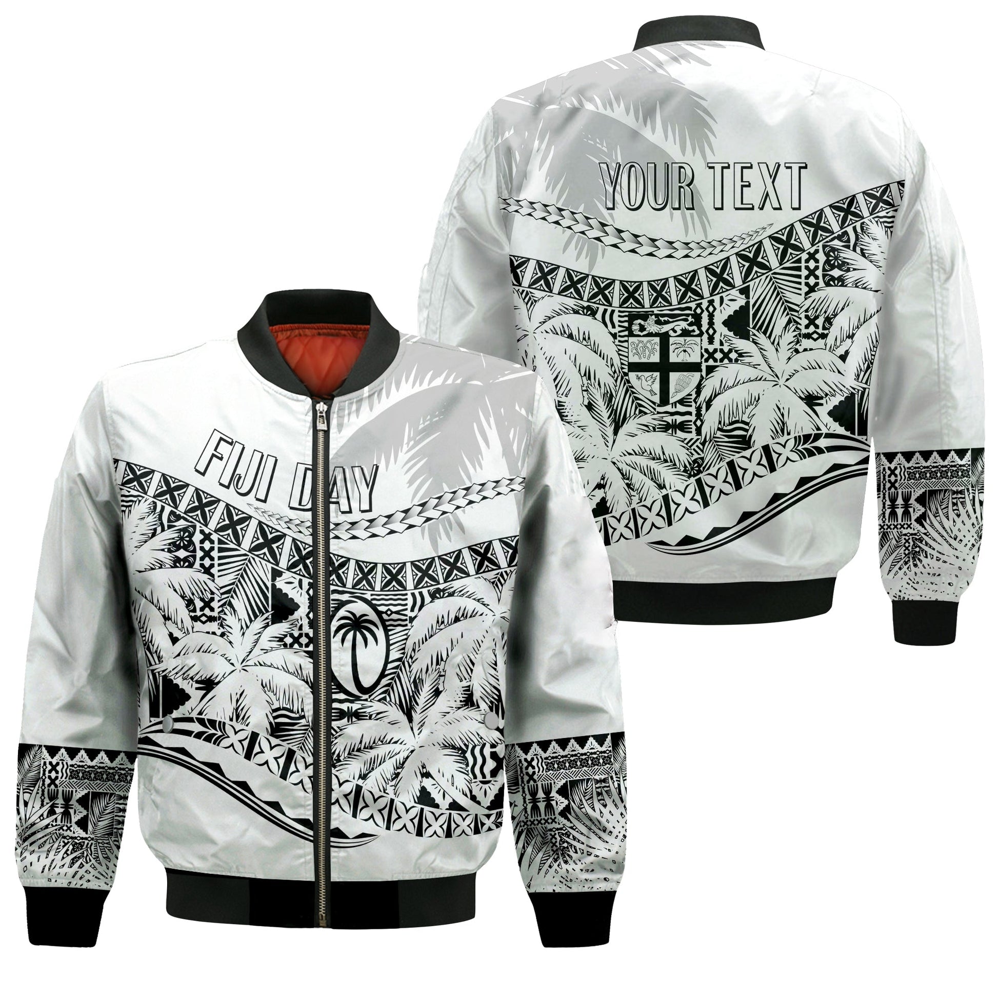 Personalised Fiji Day Bomber Jacket Flying Fijians Masi Kesa Style White