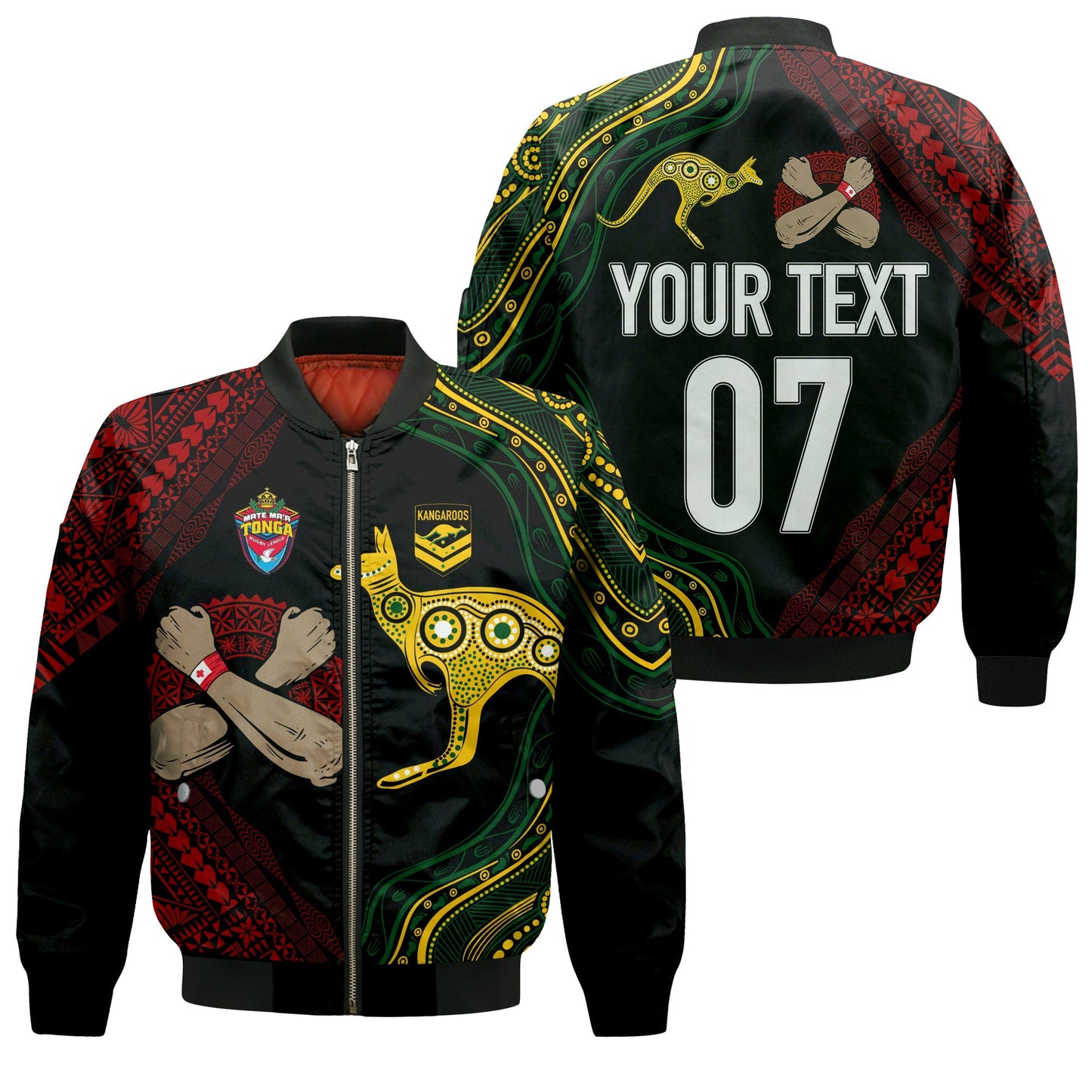Personalised Aussie Kangaroos Mix Mate Maa Tonga Bomber Jacket Aboriginal with Kupesi