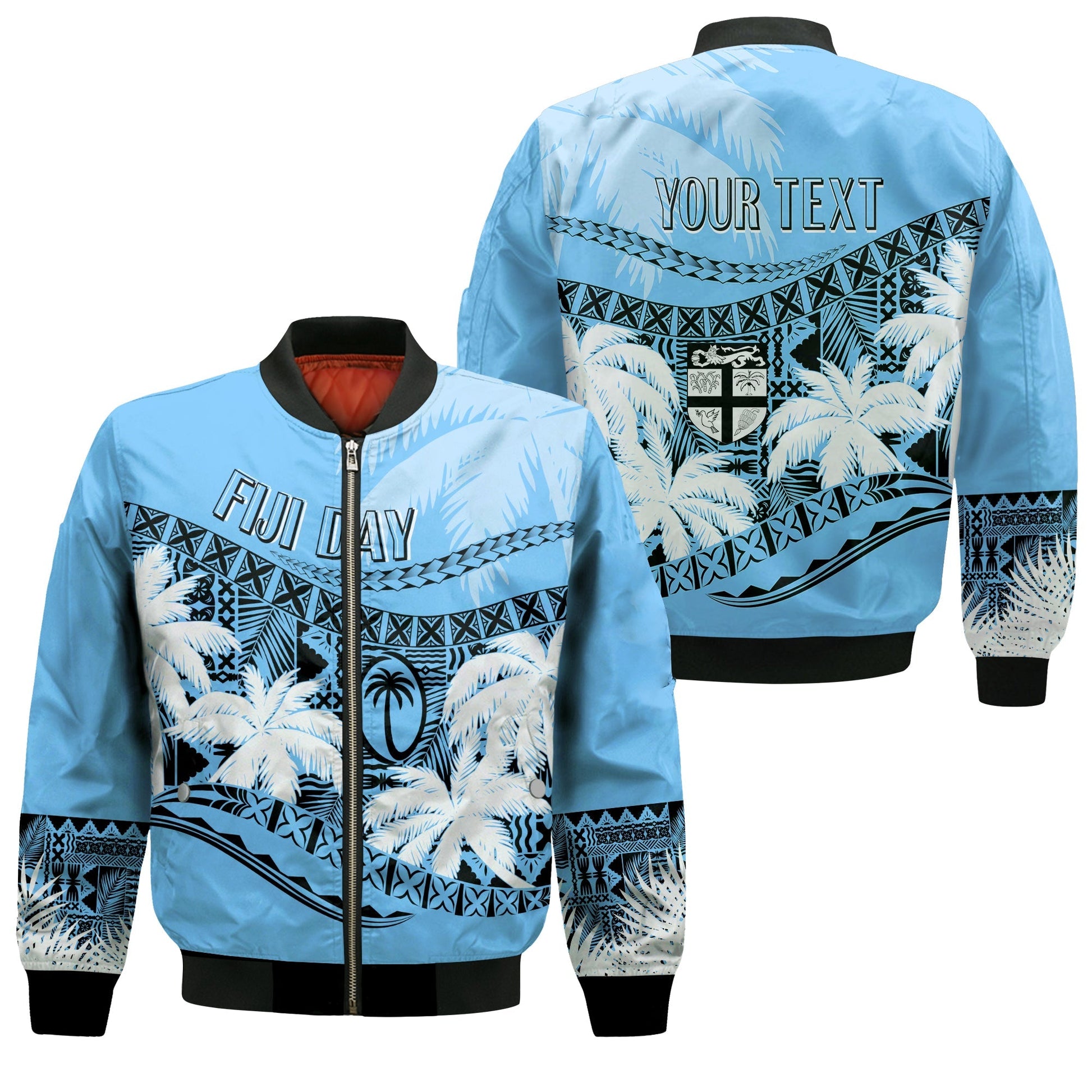 Personalised Fiji Day Bomber Jacket Flying Fijians Masi Kesa Style Turquoise