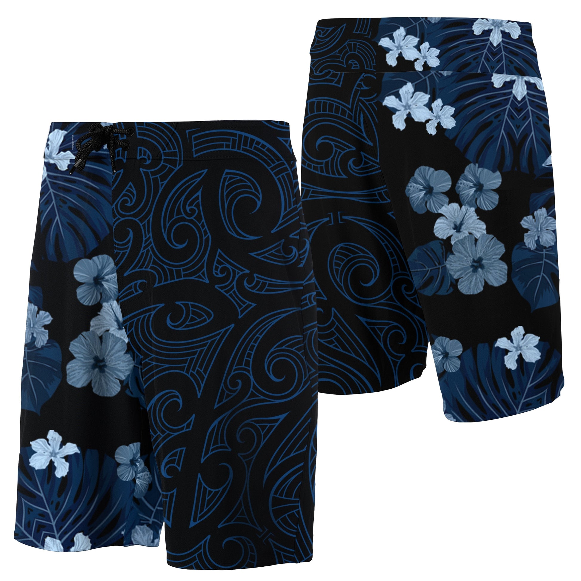 Hawaii Hibiscus Flowers Polynesian Board Shorts - Indigo - Haka Style