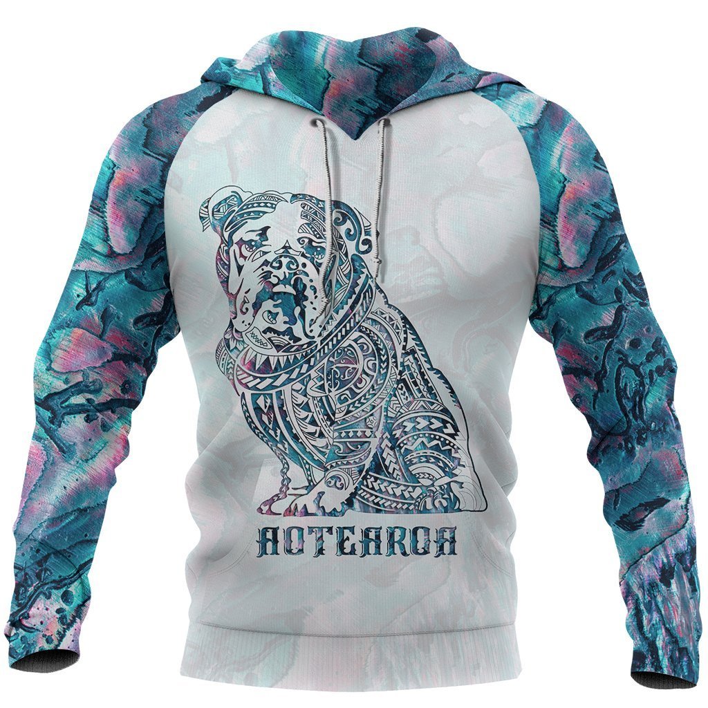 Aotearoa Maori Bulldog Hoodie, Paua Shell Bulldog Tattoo Pullover Hoodie