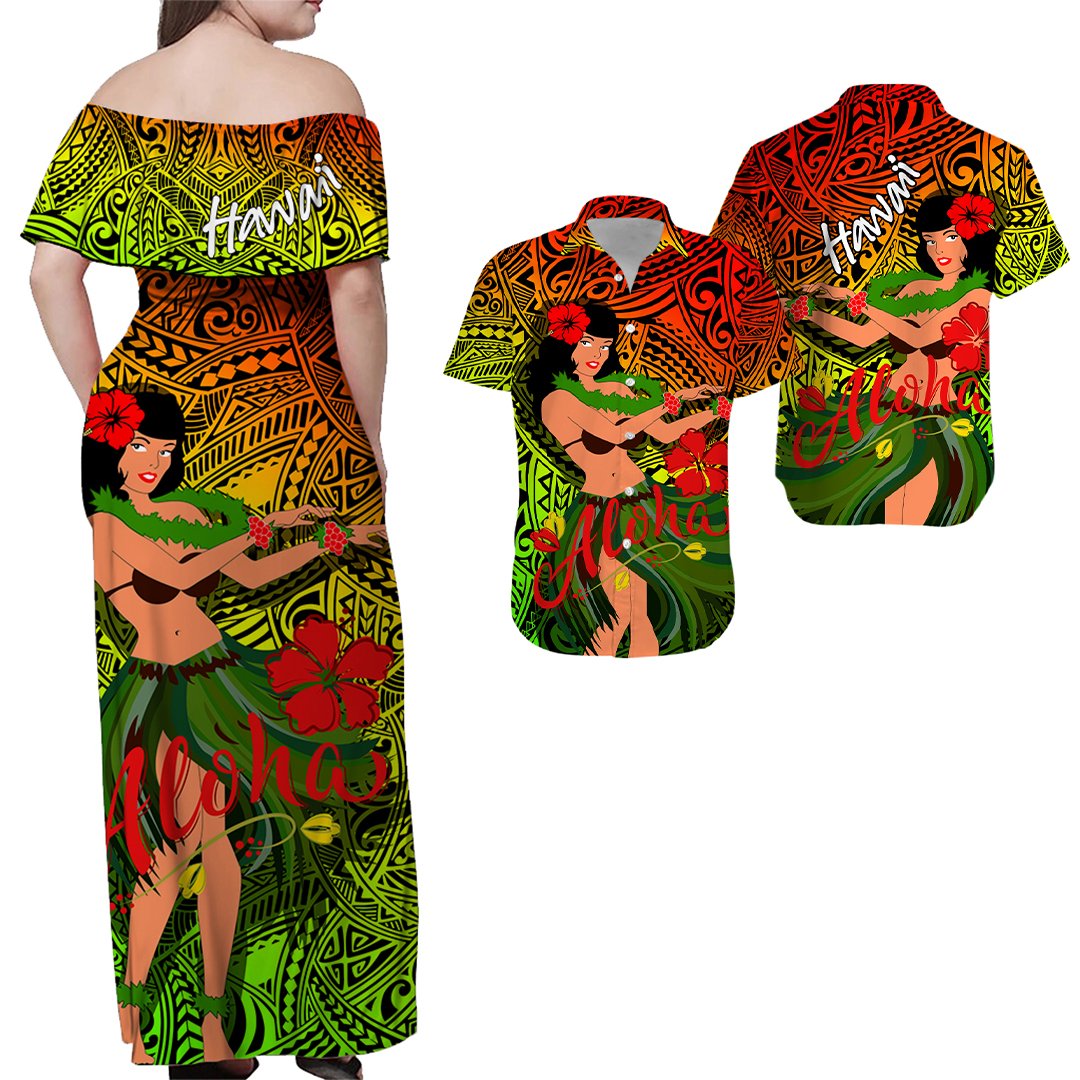 Polynesian Couple Outfits Hawaii Hula Girl Reggae Combo Dress And Hawaiian Shirt